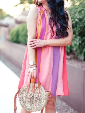 LOFT Coral Pink & Orange Striped Summer Swing Dress